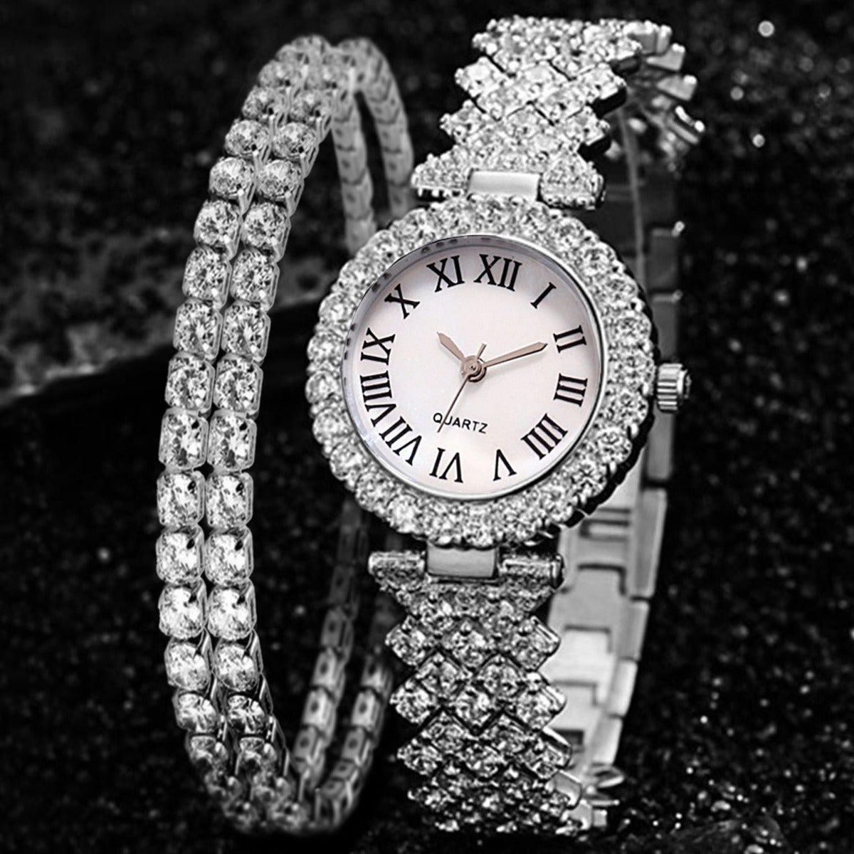 Luxury Women Plated  Rose Gold Watch Fashion Ladies Quartz Diamond Wristwatch Elegant Female Bracelet Watches 2pcs Set