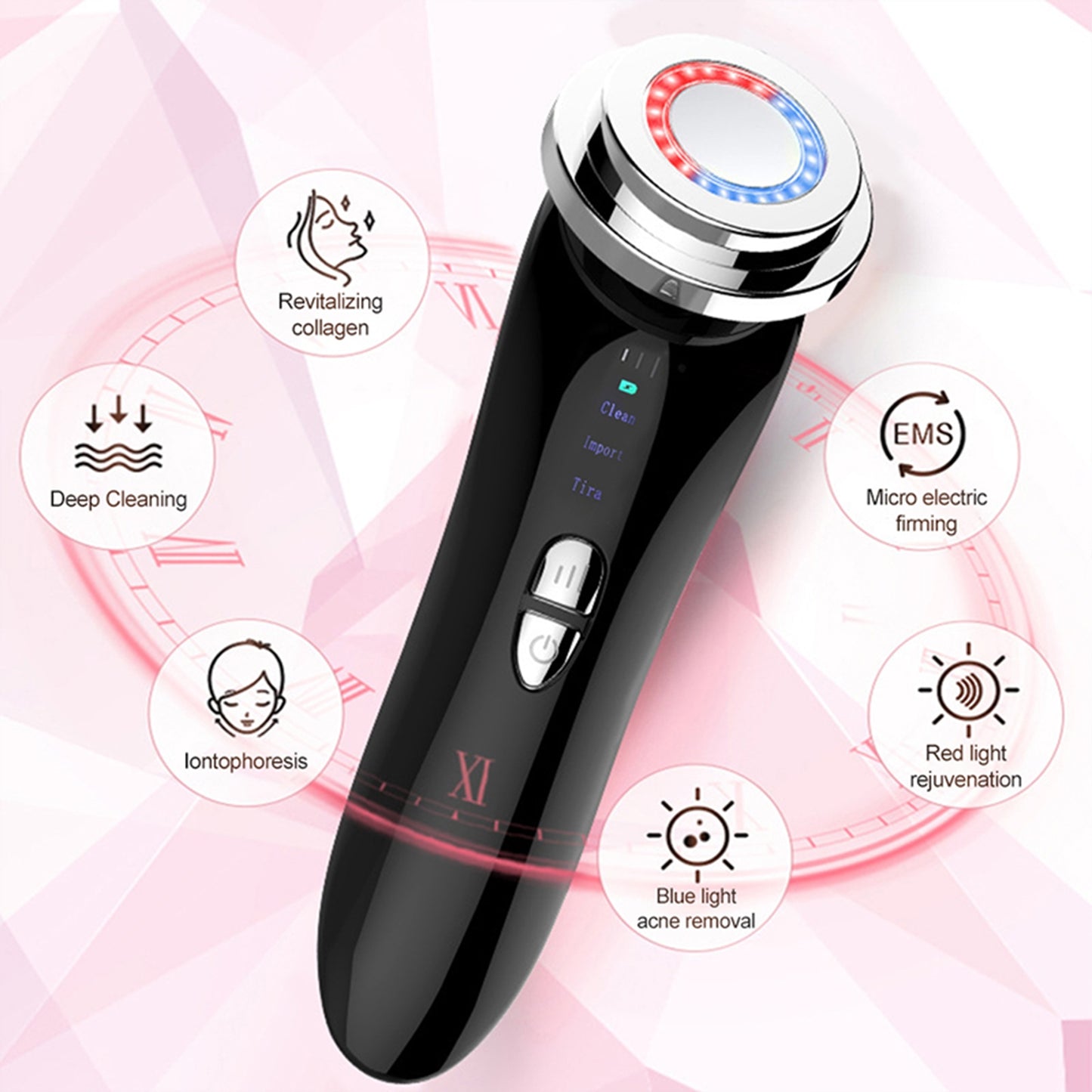 Professional Beauty Instrument USB Charging Ems Photon Skin Tightening Cleansing Skin Care Tools Pink and Black