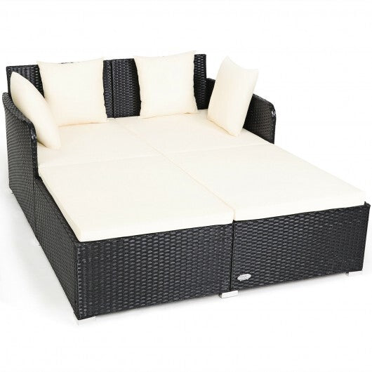 Spacious Outdoor Rattan Daybed with Upholstered Cushions and Pillows-White - Color: White