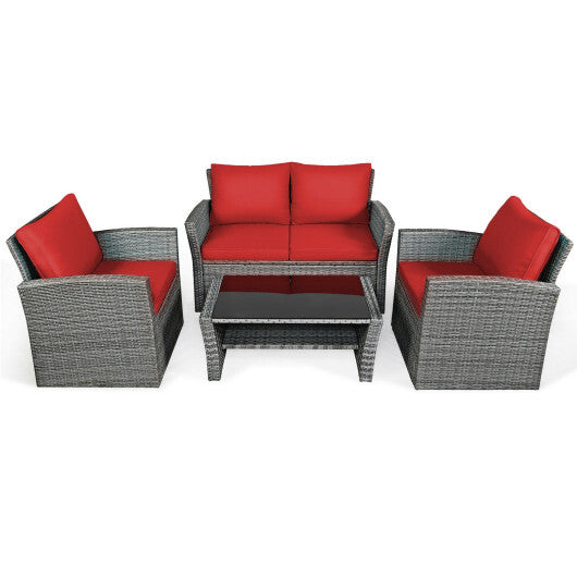 4 Pieces Patio Rattan Furniture Set Sofa Table with Storage Shelf Cushion-Red - Color: Red