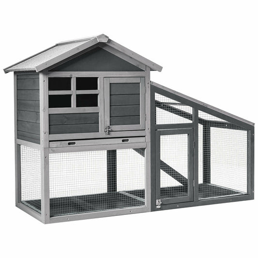 Wooden 56.5 Inch Length Rabbit Hutch with Pull out Tray and Ramp - Color: Gray