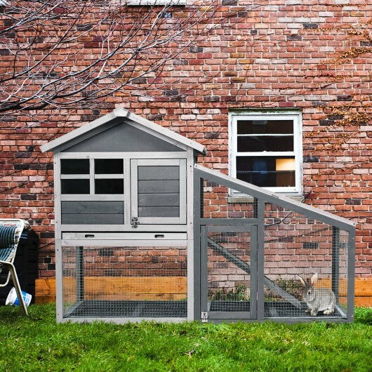 Wooden 56.5 Inch Length Rabbit Hutch with Pull out Tray and Ramp - Color: Gray