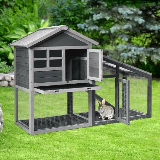 Wooden 56.5 Inch Length Rabbit Hutch with Pull out Tray and Ramp - Color: Gray