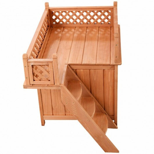 Wooden Dog House with Stairs and Raised Balcony for Puppy and Cat