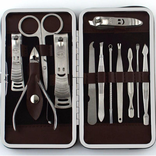 Color: Silver - 12pcs Manicure Set Pedicure Scissor Tweezer Knife Ear Pick Utility Nail Clipper Kit ,Stainless Steel Nail Care Tool Set New
